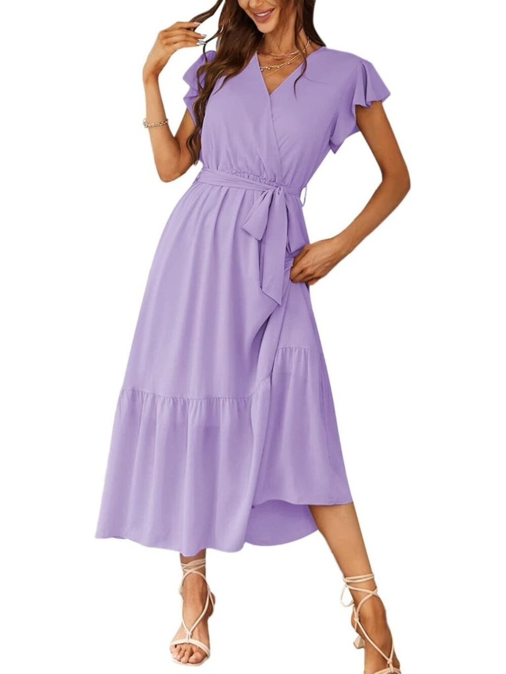 Women's Purple Summer Short Sleeve Wrap V Neck Floral Boho Guest Maxi Dresses